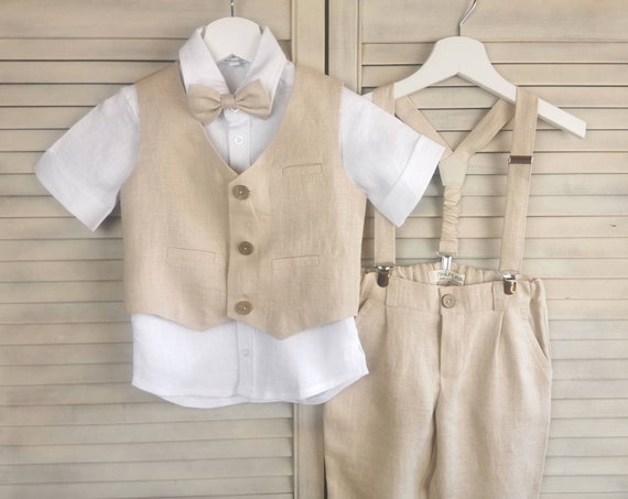 5 piece Boys Wedding Linen Suit/ Toddler Wedding, Ring bearer, Baptism outfit/ 5pcs. set