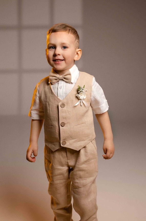 Boys Ring bearer suit 5 pcs / Boys linen suit/ Toddler Wedding, , Baptism outfit/ 5pcs. set