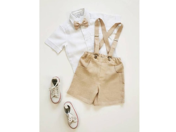 Toddler boy shorts, Boys linen suspender short + bow tie, (Shirt not included)