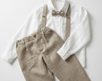 Ring Bearer Outfit with Linen Pants, Shirt, Suspenders and Bow Tie (2–10Y)