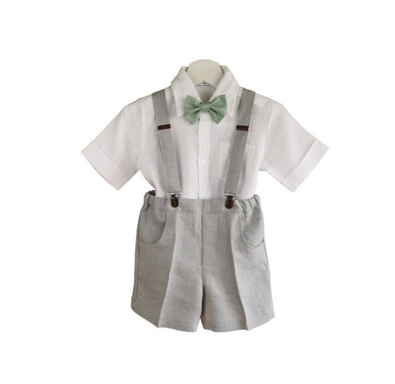3pcs Page Boy Linen Set: suspender shorts + shirt + bow tie, Linen Baptism suit, Toddler Ring bearer suit, Boys Wedding outfit, Formal wear