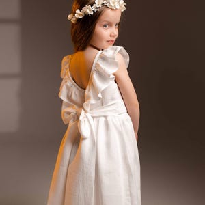 White Linen Baptism Dress “Abigail” – Long Christening Gown with Open Back and Custom Sash for Girls (Sizes 1.5Y–8Y)