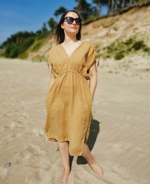 Relaxed-Fit Linen Dress with Pockets & Adjustable Straps - Perfect for Summer Days