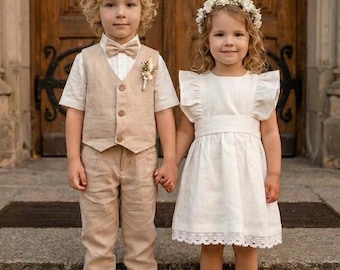 Boys Linen Suit – Ring Bearer Outfit | Baptism, Christening | Toddler to Teen Linen Set – 5 Piece