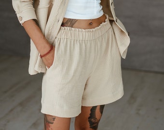 Pantalones cortos de muselina para mujer – Algodón de doble gasa, pantalones cortos ligeros de verano con bolsillos