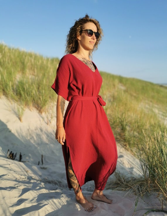 Double Gauze Kimono Dress with Waist Belt - Perfect for Summer Days - Loose Fit with Boho Vibes