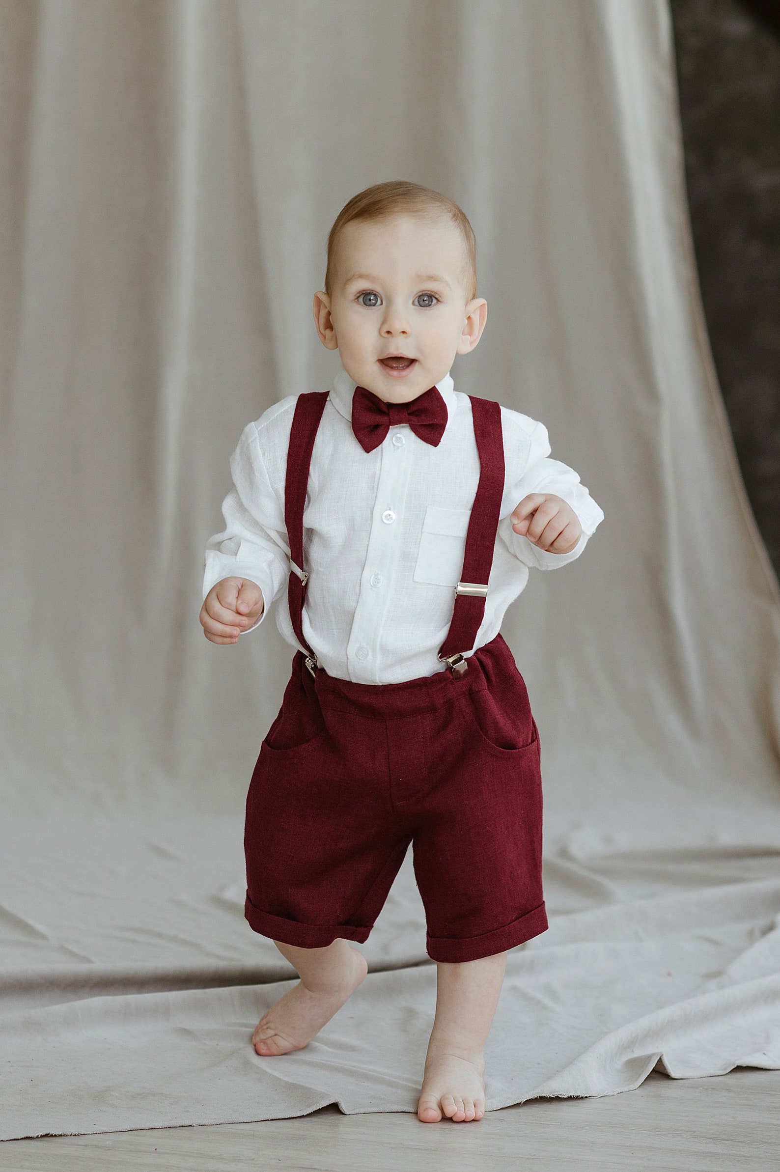 Boys Linen Wedding Outfit Linen Suspender ShortsBow tie Etsy