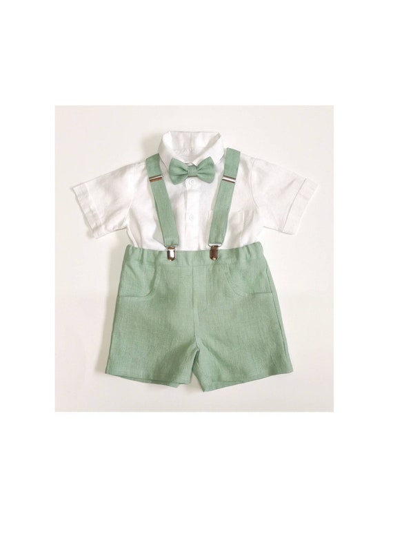 3pcs.Boys linen suspender short +shirts+ bow tie, Toddler Ring bearer, Page Boy Wedding, Baptism outfit, formal wear