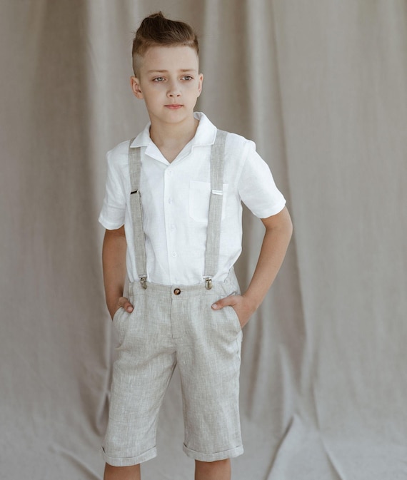 Boys Linen Shorts with Adjustable Waist and Suspenders – Summer Shorts Ages 9–15