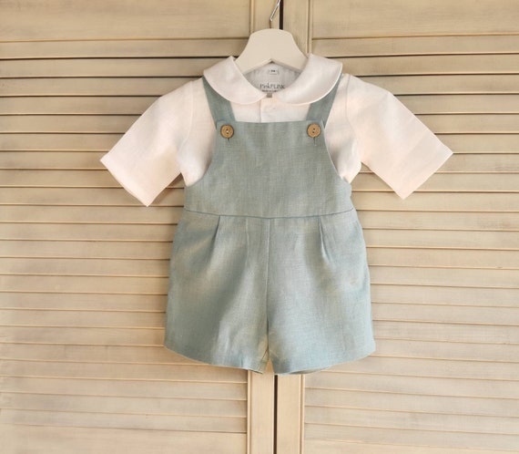 6-9 month size (74cm)- Baby Linen overall shorts+Shirt / Ring Bearer Linen Set / Baby Boy Baptism Suit / First Birthday Clothes