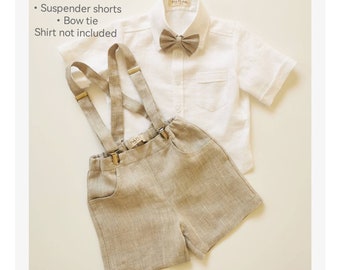 Short porte-jarretelles en lin pour tout-petit + nœud papillon, (chemise non incluse) Porte-anneau pour tout-petit, mariage, short de baptême en lin, tenues de cérémonie, col beige