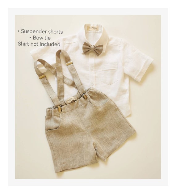 Toddler linen suspender shorts + bow tie, (Shirt not included) Toddler Ring bearer, Wedding, Linen Baptism shorts, formal wear, Beige col