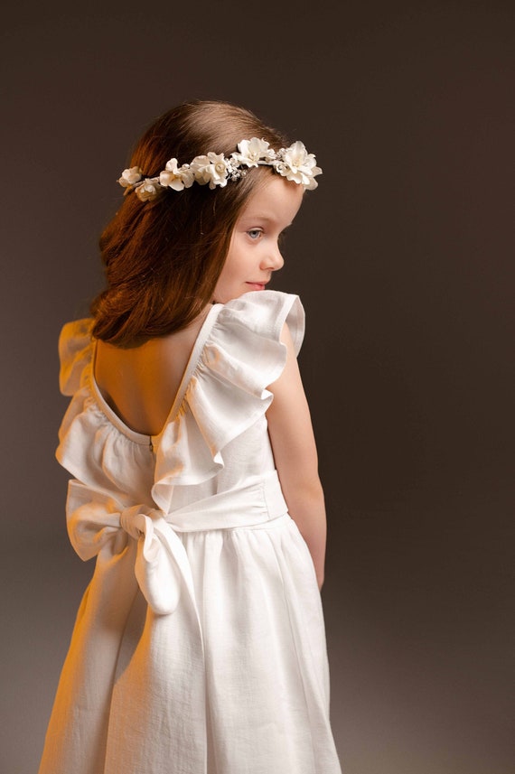 Communion Dress "Abigail" / Elegant Long White Dress with Open Back - Flower Girl Bridesmaid dress
