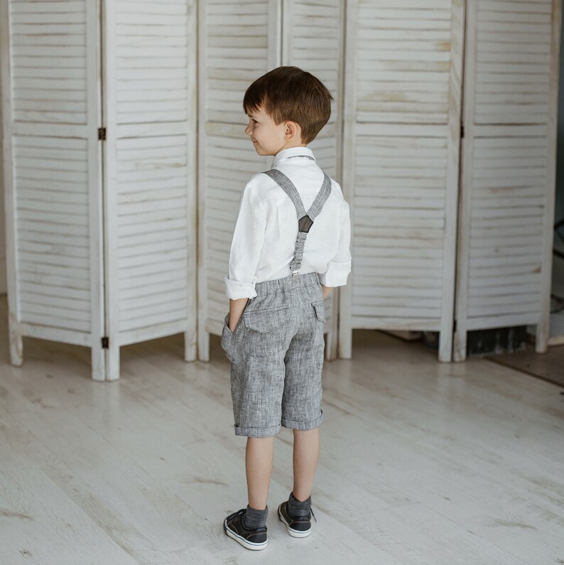 Boys Linen Shorts With Suspenders Toddler Ring Bearer Shorts Etsy