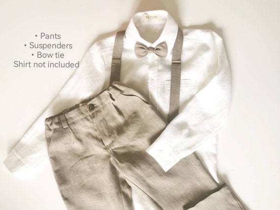 Charming Ring Bearer Outfit - Linen Pants, Suspenders, and Bow Tie, Toddler boy pants adjustable waist