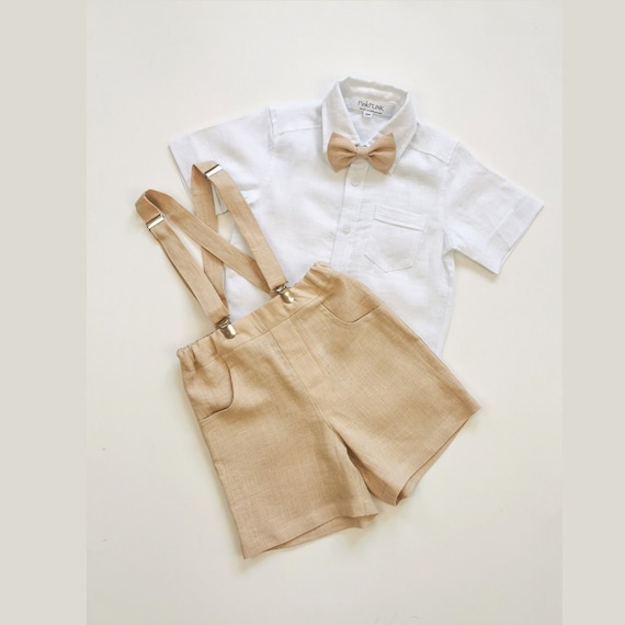 3pcs.Boys linen suit set:  suspender short, shirts and bow tie / Toddler Ring bearer,  Baptism outfit, formal wear
