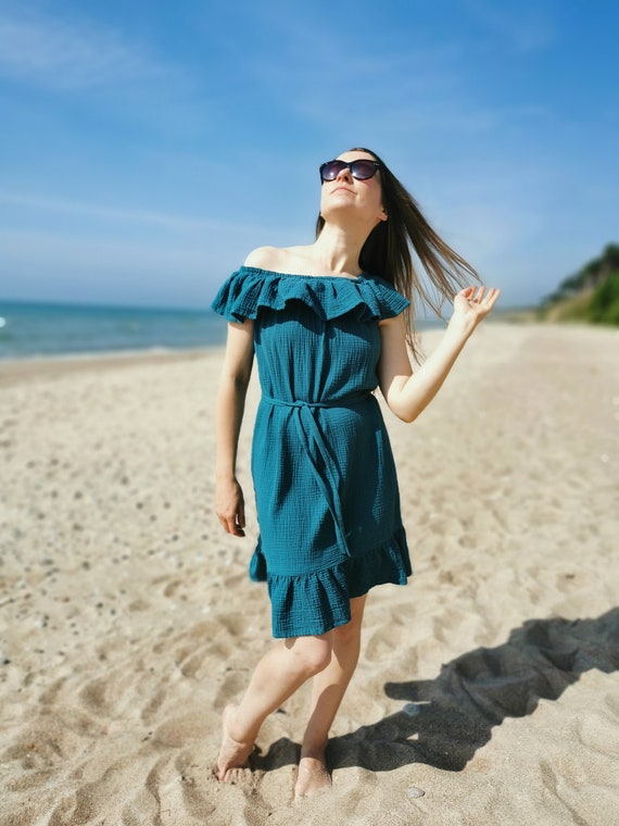 Double gauze dress - Boho Muslin dress - Muslin loose dress , Summer loose dress with open shoulders