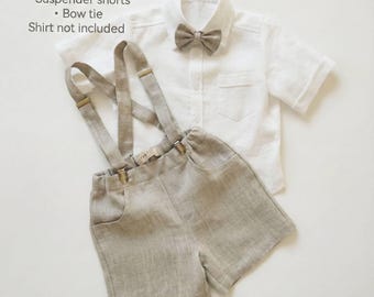 Ensemble de baptême en lin avec bretelles pour garçon | Ensemble short et noeud papillon de baptême | Tenue de mariage pour tout-petit, 3 mois-9 ans