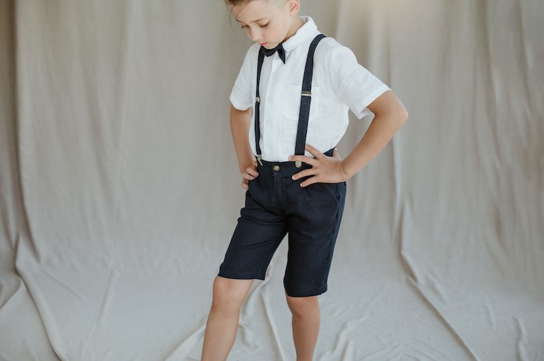 Boys Linen shorts with suspenders bow tie / Toddler Ring Bearer Shorts / Linen Boys Wedding outfit / Formal Wear, Navy Blue image 1
