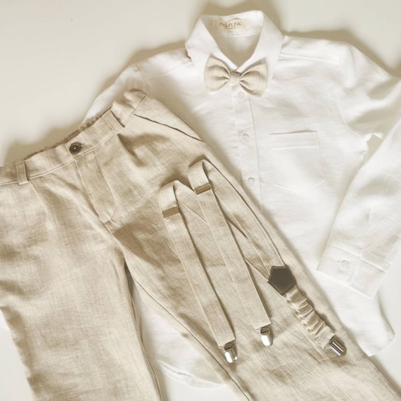 Boys Linen Pants + Suspenders +Bow tie  / Linen Ring bearer pants/ Linen Boys Wedding outfit/ Baptism pants/ Formal wear