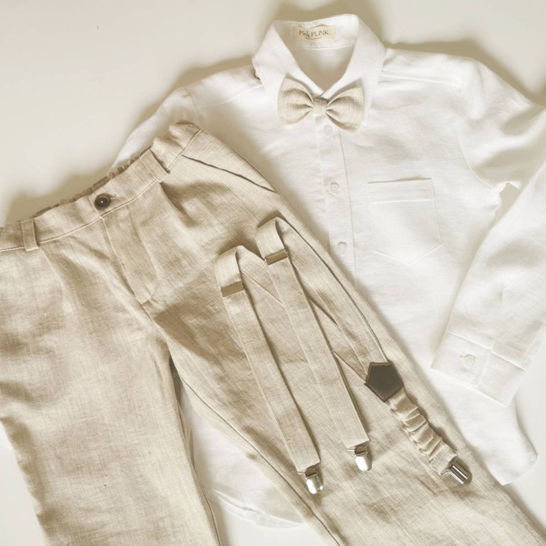 Linen boys suspender pants with bow tie