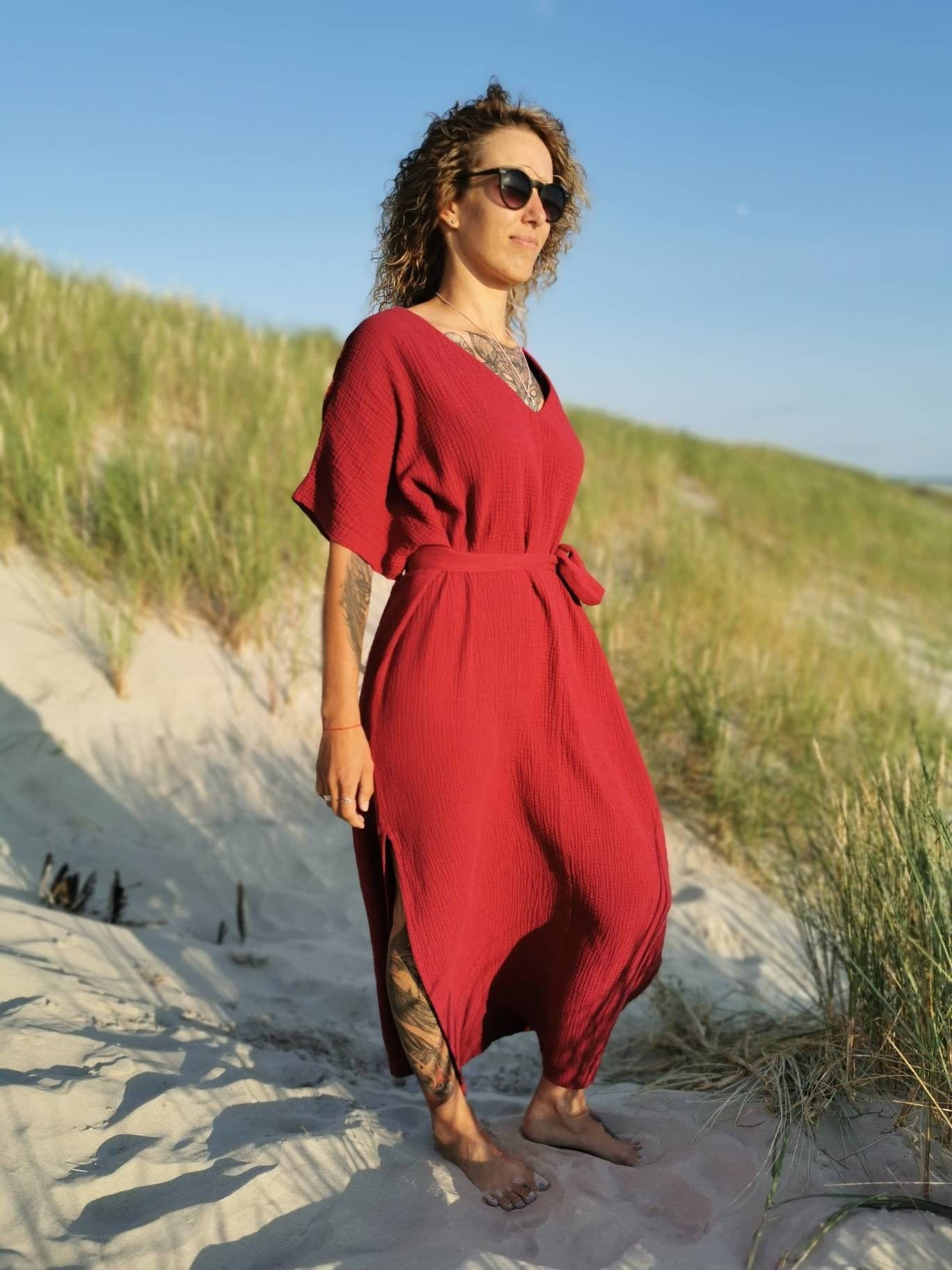 美品 2024 WALANCE 別注 COTTON GAUZE DRESS Double Gauze Maxi Dress – Elegant Muslin Dress With V-neck