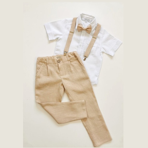 4-Pc Ring Bearer Outfit: Pants, Shirt, Suspender & Bow / Tie Beach Wedding Linen Suit Set- Stylish and Formal