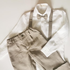 Boys Ring Bearer Suit – 5pc Linen Wedding Outfit | Shirt, Pants, Vest, Suspenders & Bow Tie (2–15Y, 32 Colors)