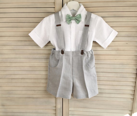 Boys linen suspender short and bow tie, (no shirt).Toddler Ring bearer shorts