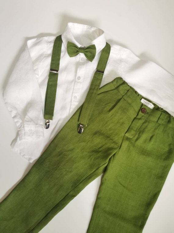12y-152cm size/MOSS GREEN / 3pcs Boys Linen Pants with Suspenders +Bow tie  / Linen Ring bearer trousers / Linen Boys Wedding outfit