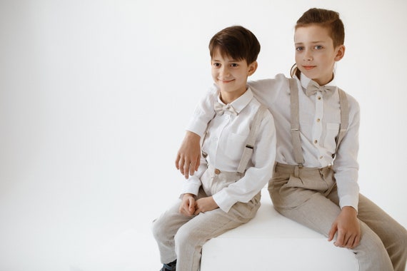 Linen Ring bearer pants / 3pcs: Boys Linen Pants + Suspenders +Bow tie / Linen Boys Wedding outfit/ Baptism pants/ Formal wear