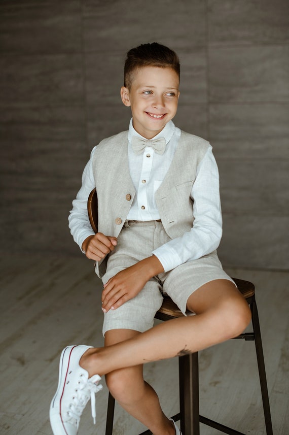 Youth linen summer suits /  Ring Bearer Outfit /  Beach Wedding outfit / Set includes: shorts, shirt, vest, suspenders, bow tie