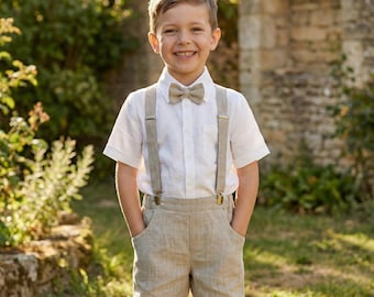 Boys Linen Suspender Shorts Set with Bow Tie – Ring Bearer, Baptism, Page Boy Wedding Outfit (Shirt Not Included)