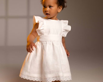 White Linen Baptism Dress for Girls – Sophia Christening Gown with Lace Hem and Custom Bow –  Sizes 1–7 Years