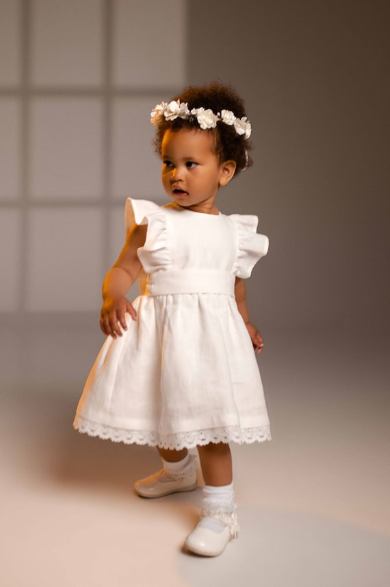 White Linen Baptism Dress for Girls – Sophia Christening Gown with Lace Hem  and Custom Bow – Sizes 1–7 Years