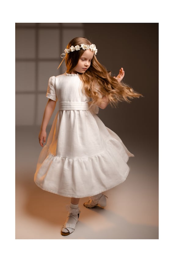 Elegant White Communion Dress with Lace  "Emily": Perfect for Flower Girls, Baptism, and Bridesmaids