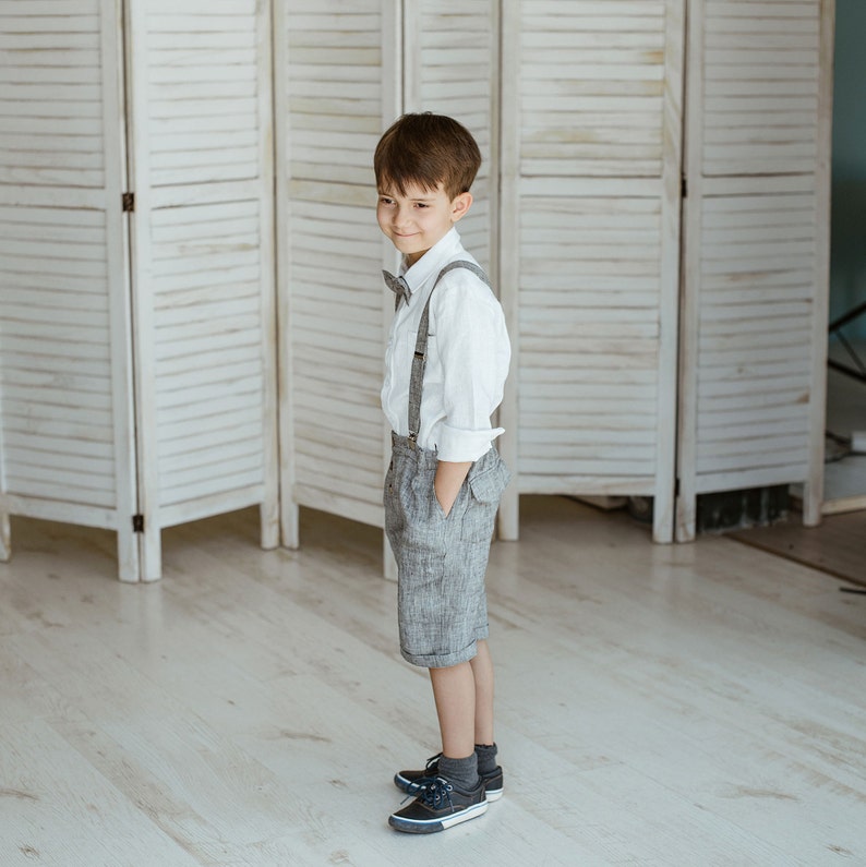 Boys Linen Shorts With Suspenders Toddler Ring Bearer Shorts Etsy