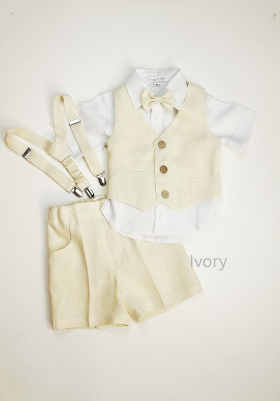 Boys Linen Wedding Outfit Set / Toddler Ring Bearer Suit:  Shorts + Shirt + Vest + Suspender + Bow Tie/ Boys Linen Formal Wear.