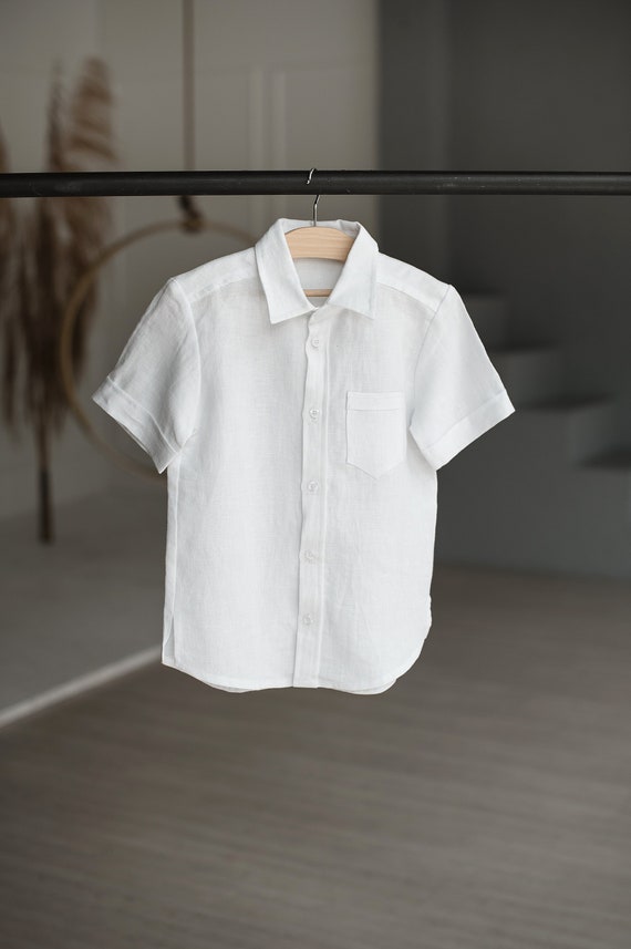 Boys formal linen shirt classic collar/ Toddlers Ring bearer shirt / White short sleeves linen shirt / Wedding, Baptism, Christening OUTFIT