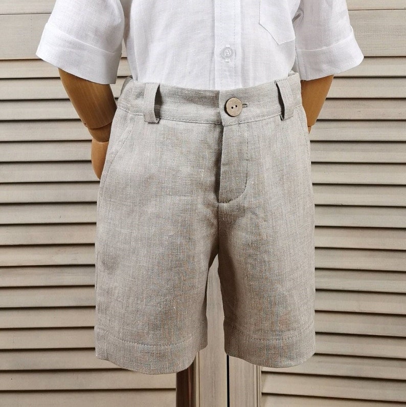 Boys linen shorts, Toddler Ring bearer shorts, Boys Wedding / Linen Baptism shorts, formal wear, Beige col. image 2