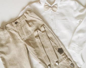 Boys Linen Pants with Suspenders and Bow Tie – Formal Attire for Baptisms and Weddings | 2-15Y