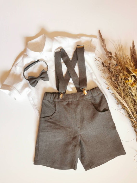 3pcs Boys Wedding Linen Outfit / Toddler Ring Bearer Suit / Baptism Suspender Shorts+Shirt / Boys Linen Formal Wear.
