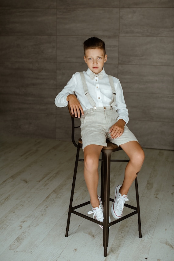 Perfect Wedding Look: Linen Ring Bearer Shorts,  Suspenders, and  Bow Tie Set