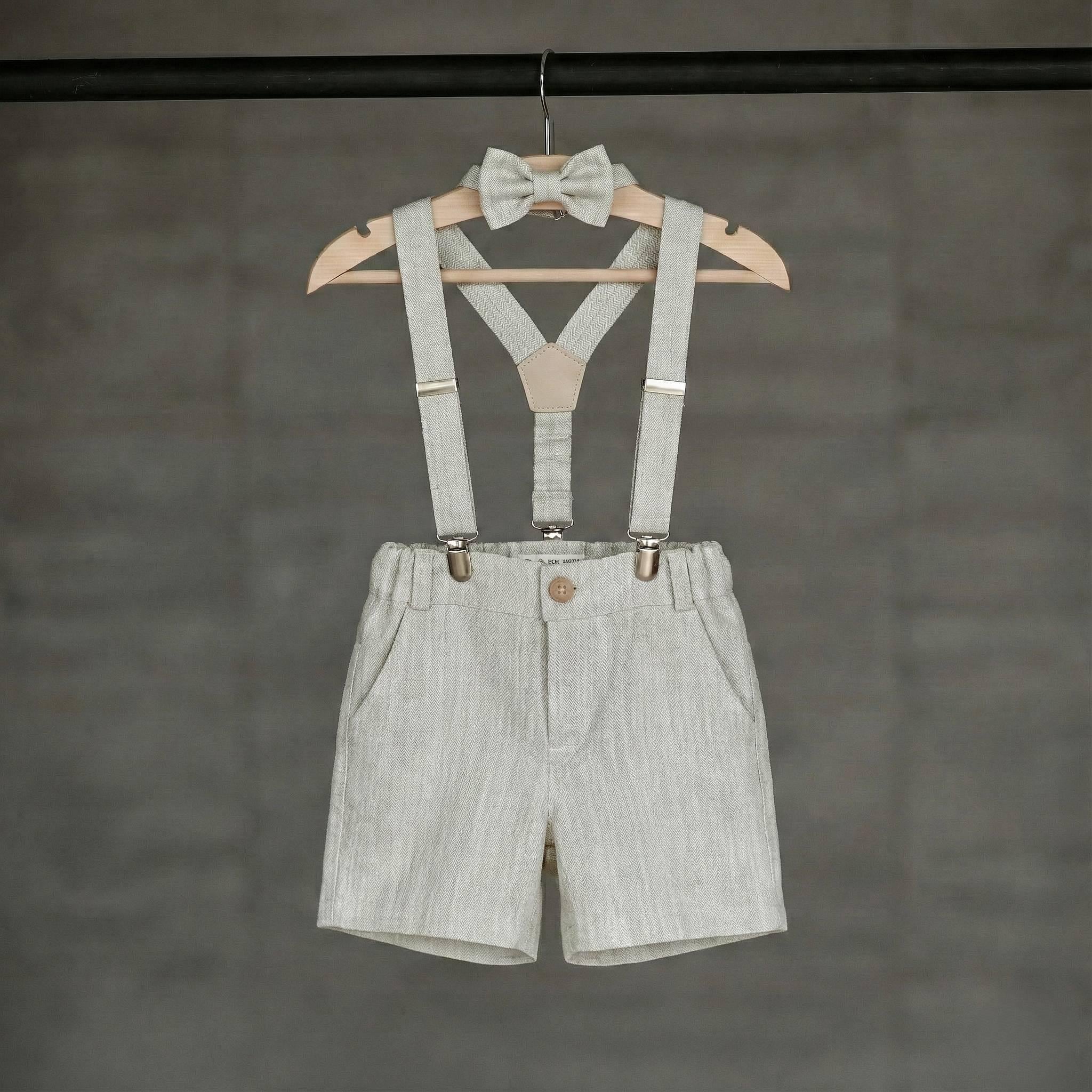Boys Linen Shorts with Suspenders & Bow Tie, Ring Bearer Outfit, Wedding Shorts 2-15Y
