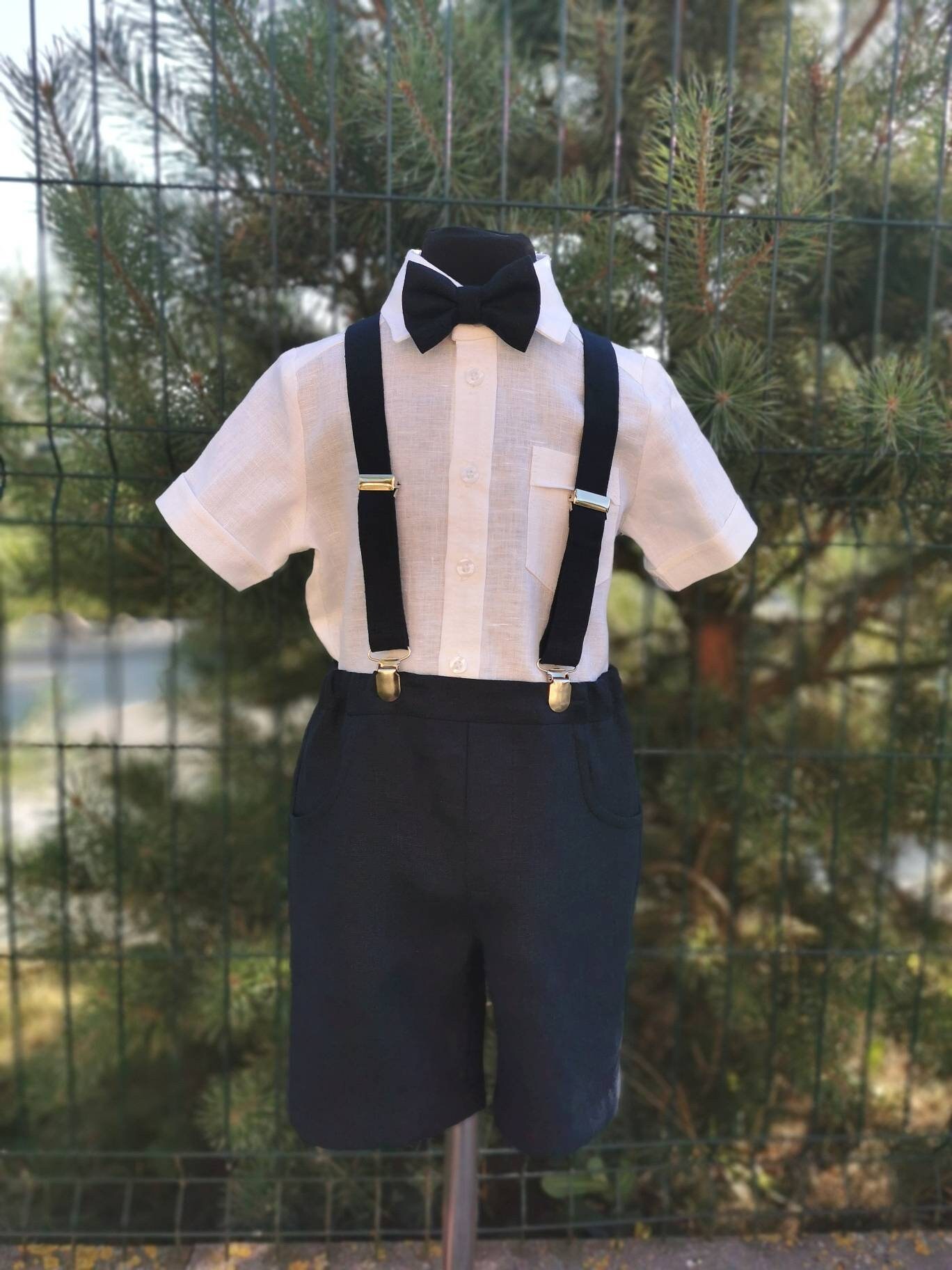 Boys Wedding Suspender Shorts and Shirt / Linen Ring Bearer Etsy