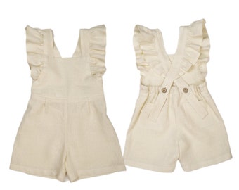 Girl's Linen overall shorts with wings / Flower girl Linen Shorts/ Baby Girl Baptism Shorts/ First Birthday Clothes