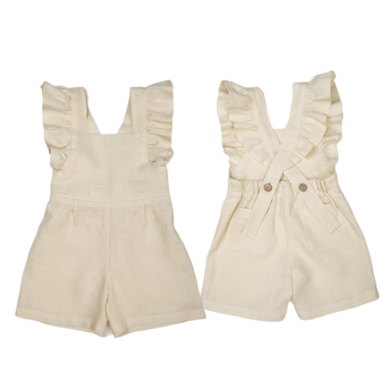 Girl's Linen overall shorts with wings / Flower girl Linen Shorts/ Baby Girl Baptism Shorts/ First Birthday Clothes