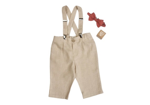 Baby Linen Carrier Pants+bow tie / Natural Linen Suspender Pants / Baby Boy Baptism Suit / First Birthday Clothes / Ring Bearer Outfit
