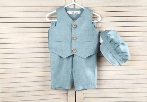Dashing Boy Linen Christening Suit  3-Piece Set: Pants, Vest, Hat