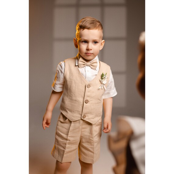 5pcs Boys Wedding Linen Outfit / Toddler Ring Bearer Suit / Baptism Shorts+Shirt+Vest / Boys Linen Formal Wear.